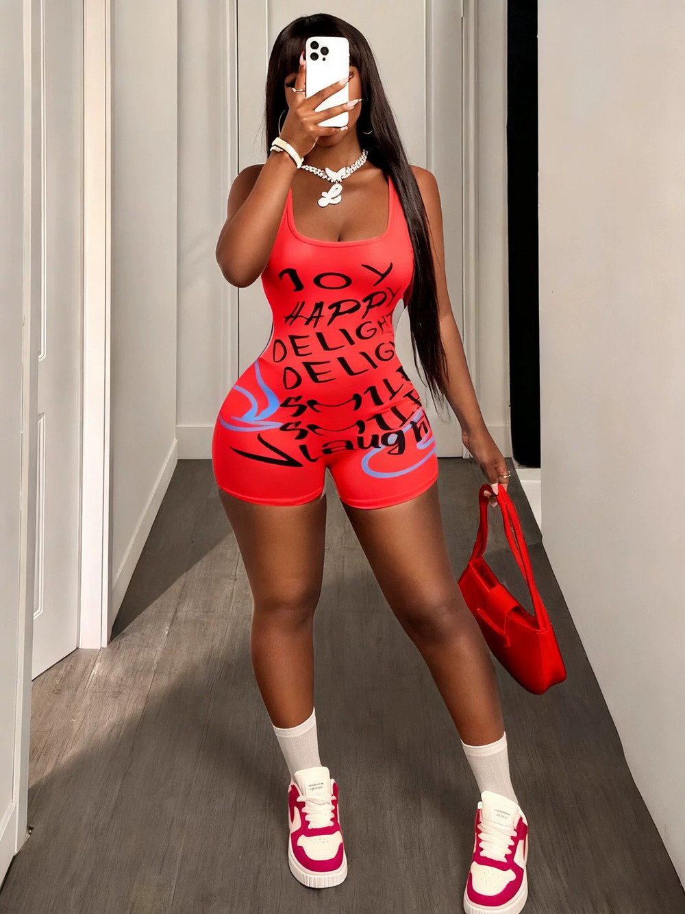 ZARA Red Letter Print Slim Fit Backless Jumpsuit for Women Summer Shorts Set